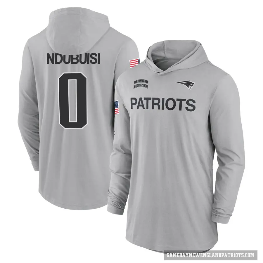 Men's ＃0 Haggai Ndubuisi New England Patriots Gray 2024 Salute to Service Lightweight Performance Long Sleeve Hooded T-Shirt