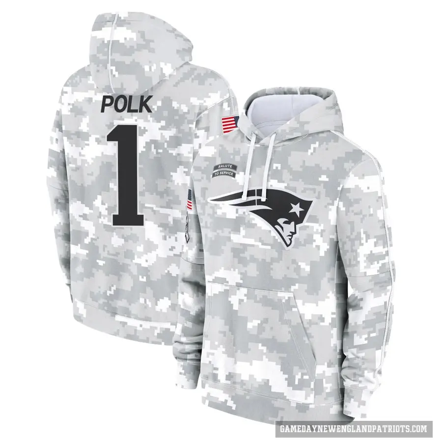 Men's ＃1 Ja'Lynn Polk New England Patriots Arctic Camo 2024 Salute to Service Club Fleece Pullover Hoodie