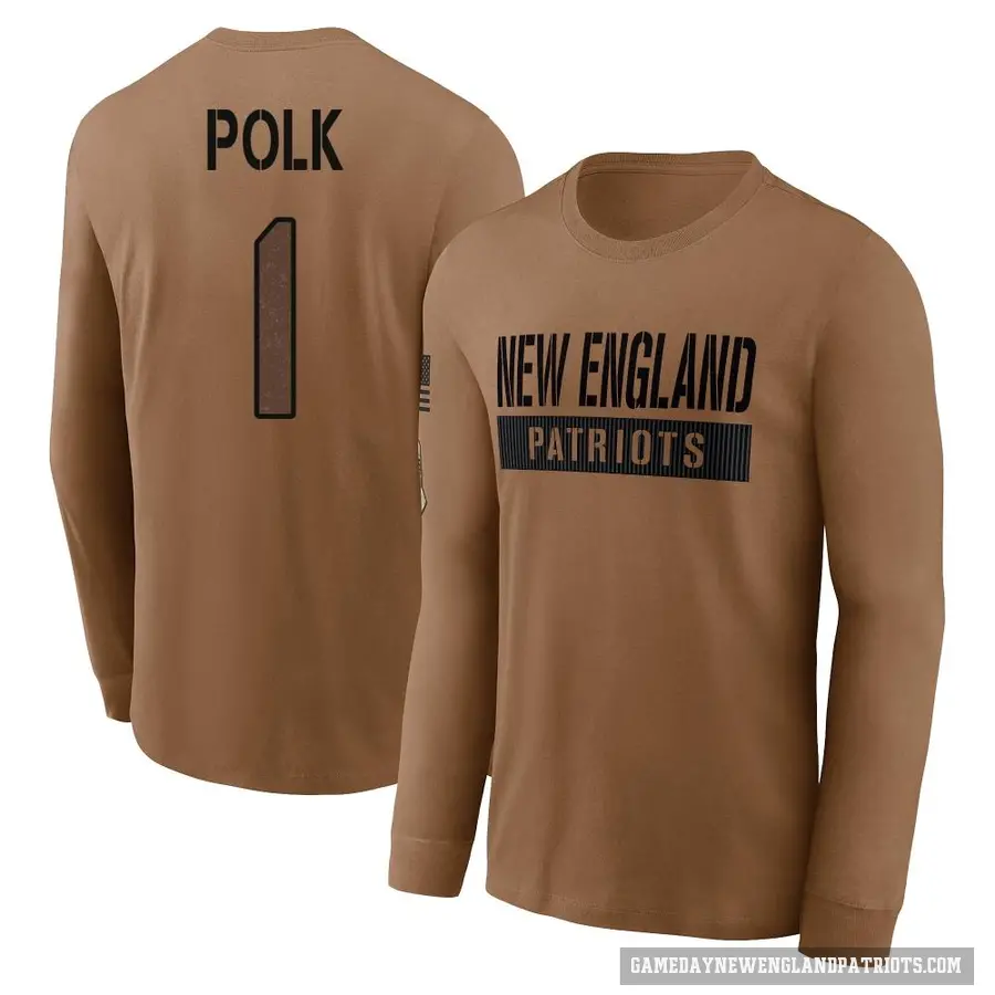 Men's ＃1 Ja'Lynn Polk New England Patriots Brown 2023 Salute To Service Long Sleeve T-Shirt