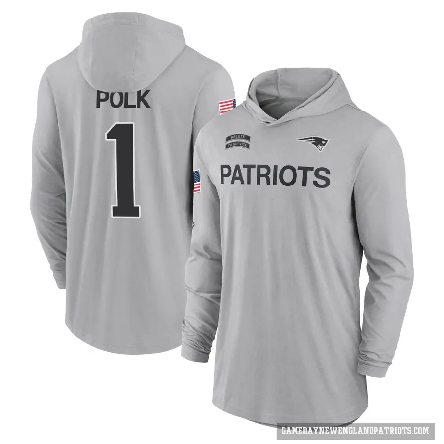 Men's ＃1 Ja'Lynn Polk New England Patriots Gray 2024 Salute to Service Lightweight Performance Long Sleeve Hooded T-Shirt