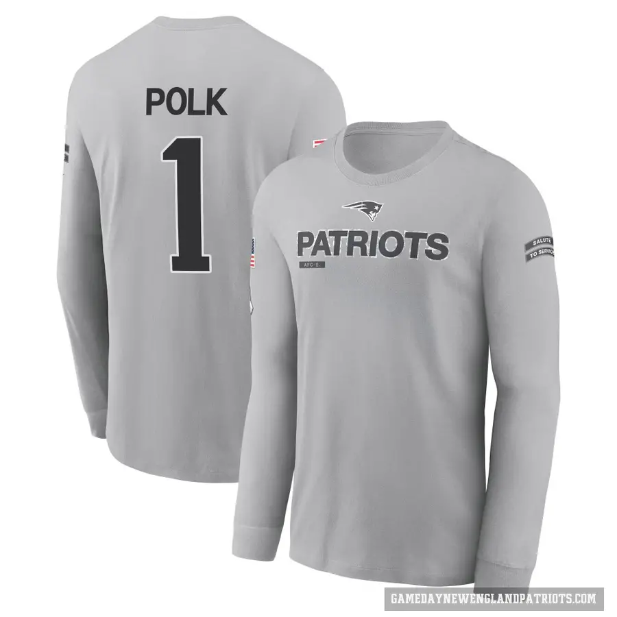 Men's ＃1 Ja'Lynn Polk New England Patriots Gray 2024 Salute to Service Long Sleeve T-Shirt