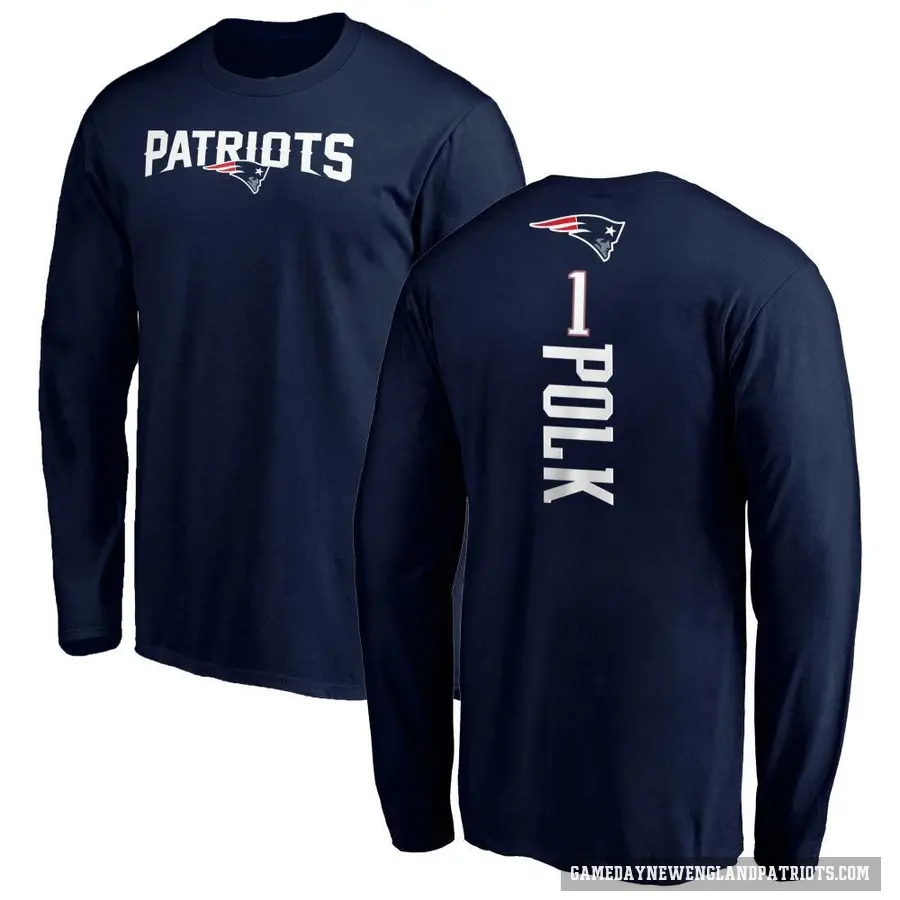 Men's ＃1 Ja'Lynn Polk New England Patriots Navy Backer Long Sleeve T-Shirt