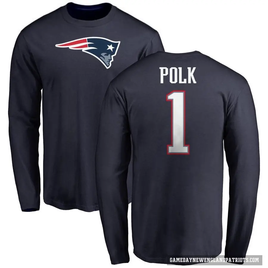 Men's ＃1 Ja'Lynn Polk New England Patriots Navy Logo Long Sleeve T-Shirt