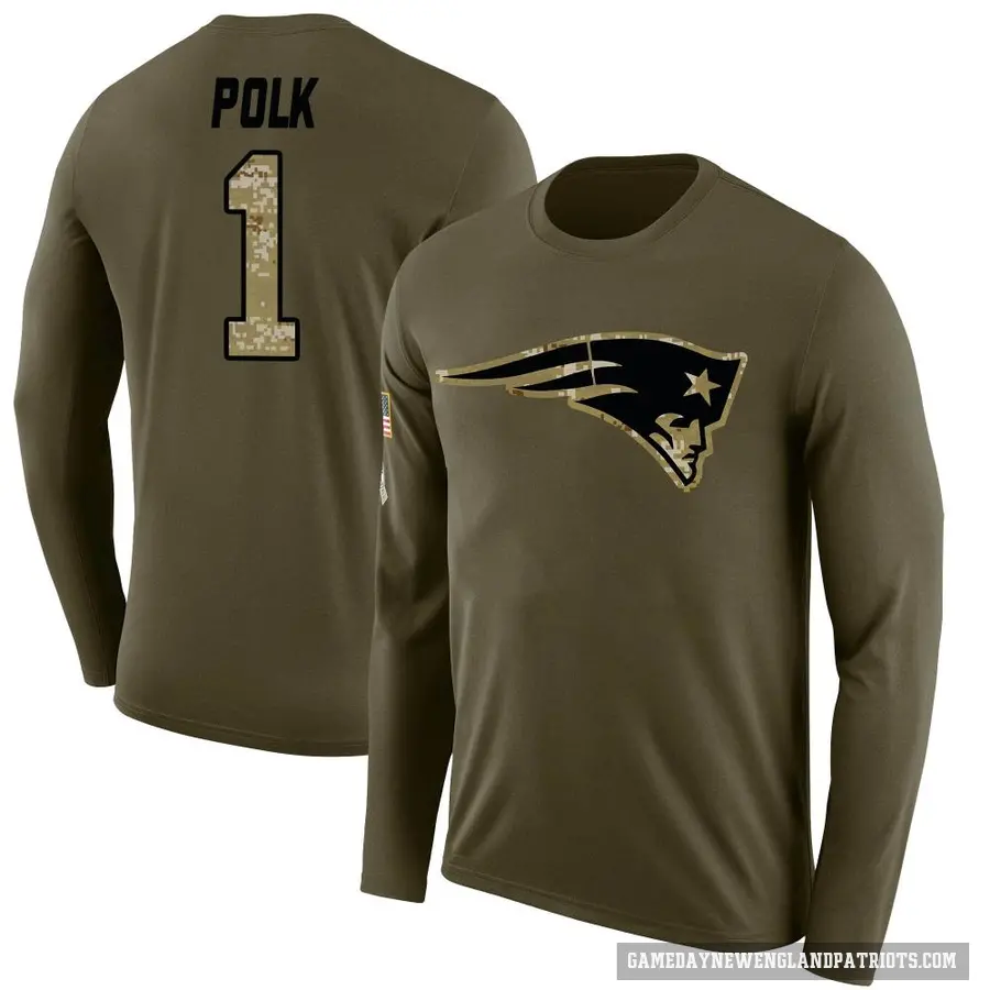 Men's ＃1 Ja'Lynn Polk New England Patriots Olive Salute to Service Sideline Long Sleeve T-Shirt