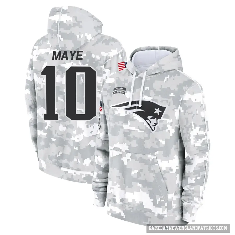 Men's ＃10 Drake Maye New England Patriots Arctic Camo 2024 Salute to Service Club Fleece Pullover Hoodie