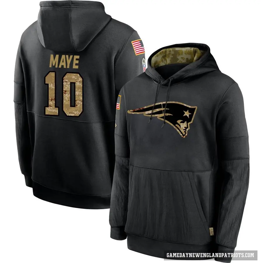 Men's ＃10 Drake Maye New England Patriots Black 2020 Salute to Service Sideline Performance Pullover Hoodie