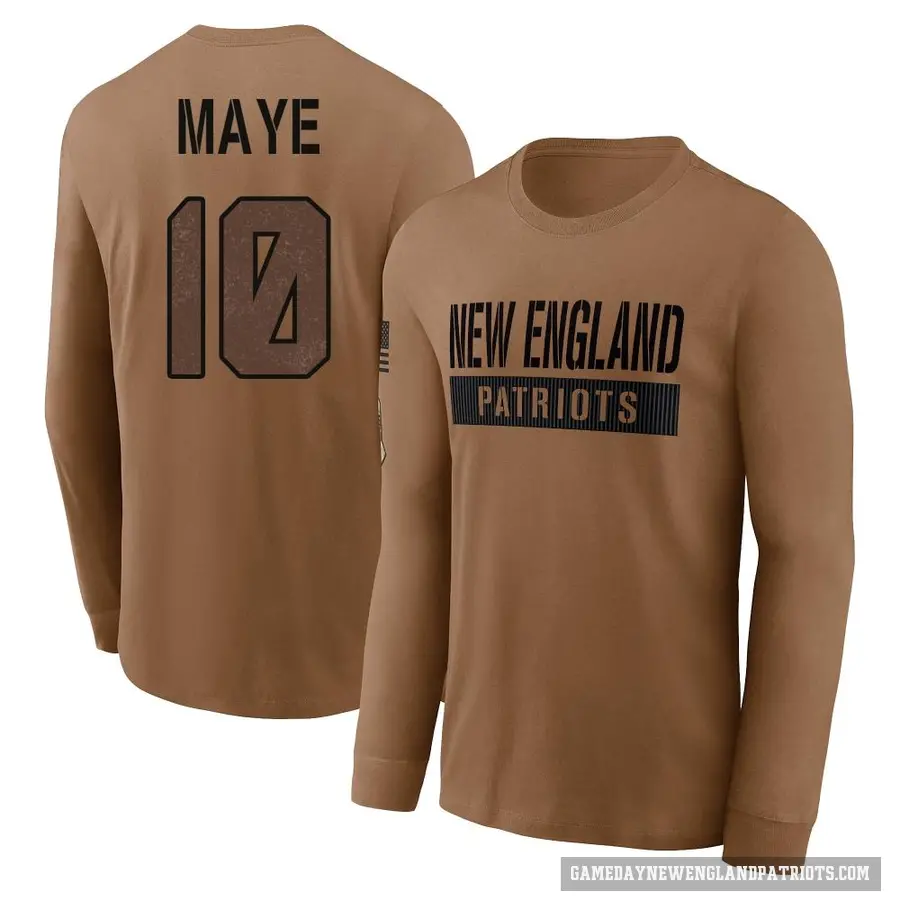 Men's ＃10 Drake Maye New England Patriots Brown 2023 Salute To Service Long Sleeve T-Shirt