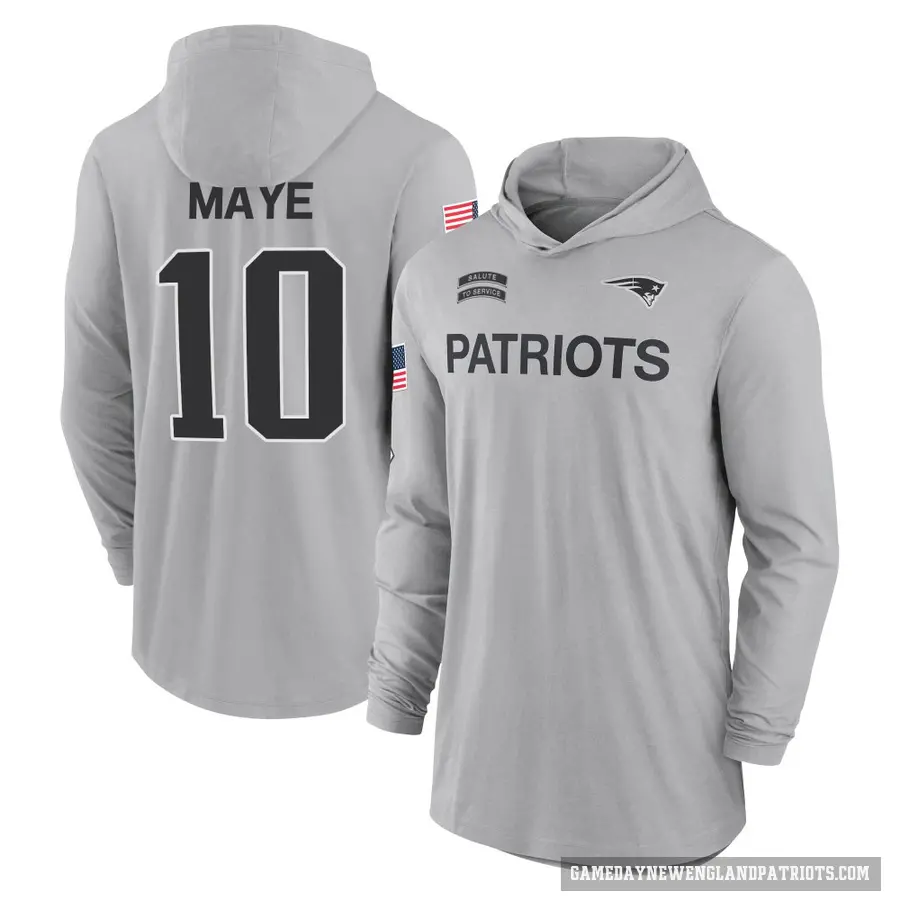 Men's ＃10 Drake Maye New England Patriots Gray 2024 Salute to Service Lightweight Performance Long Sleeve Hooded T-Shirt