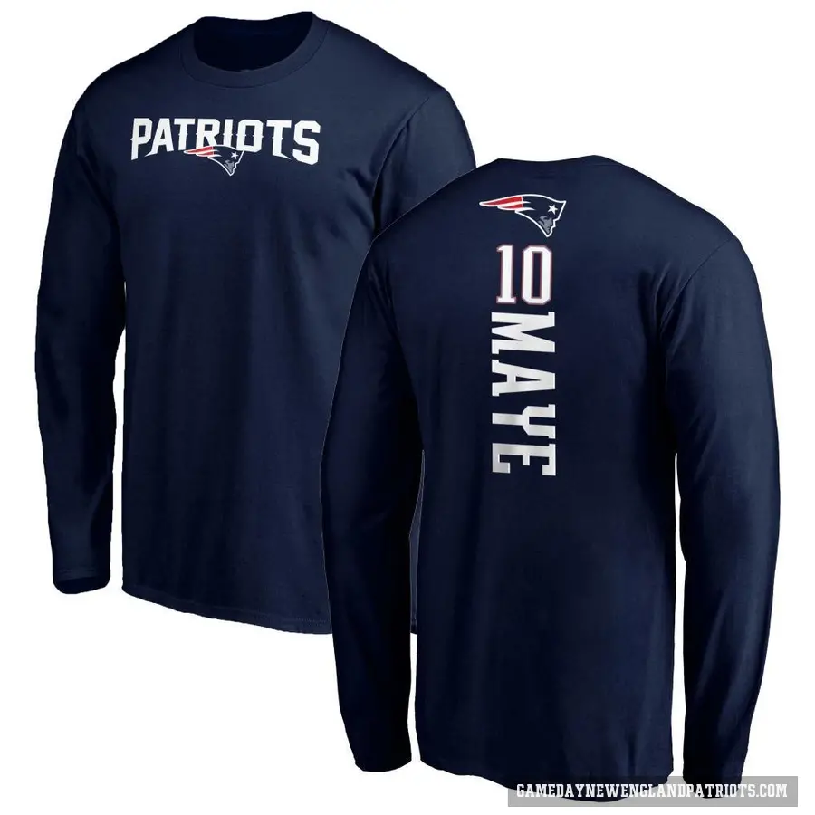 Men's ＃10 Drake Maye New England Patriots Navy Backer Long Sleeve T-Shirt