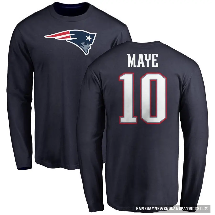 Men's ＃10 Drake Maye New England Patriots Navy Logo Long Sleeve T-Shirt