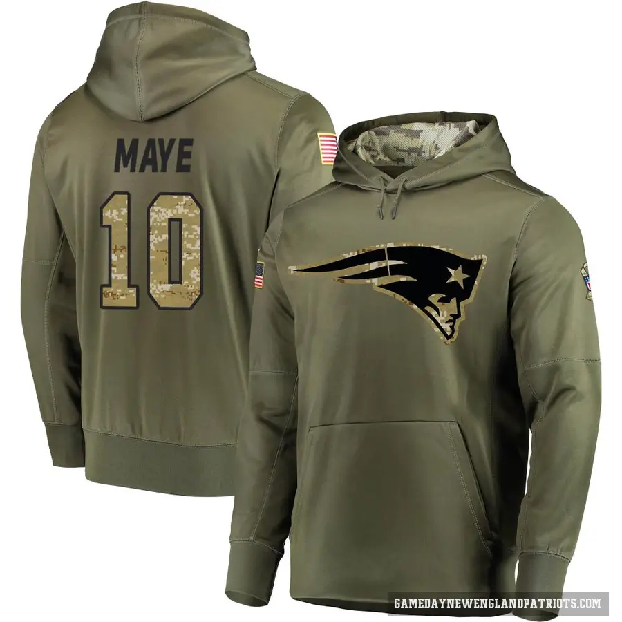 Men's ＃10 Drake Maye New England Patriots Olive Salute to Service Pullover Hoodie