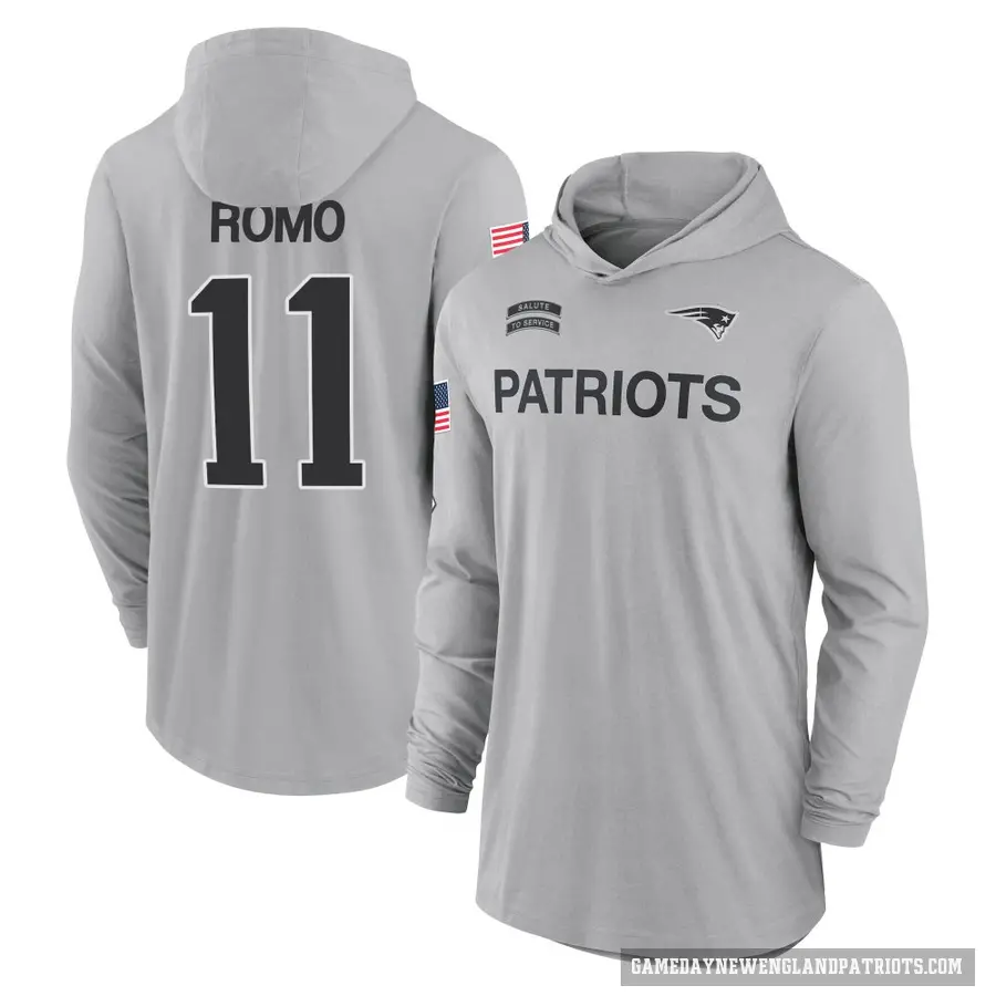 Men's ＃11 John Parker Romo New England Patriots Gray 2024 Salute to Service Lightweight Performance Long Sleeve Hooded T-Shirt