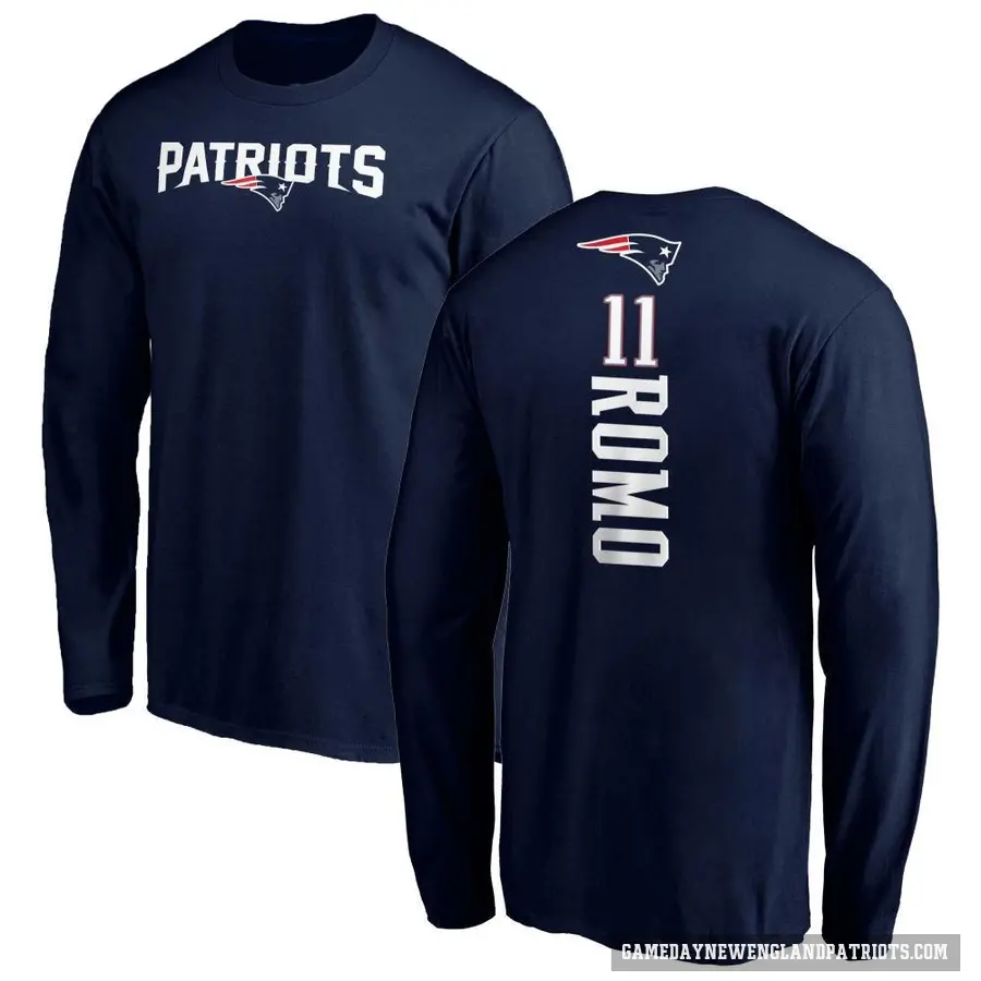 Men's ＃11 John Parker Romo New England Patriots Navy Backer Long Sleeve T-Shirt