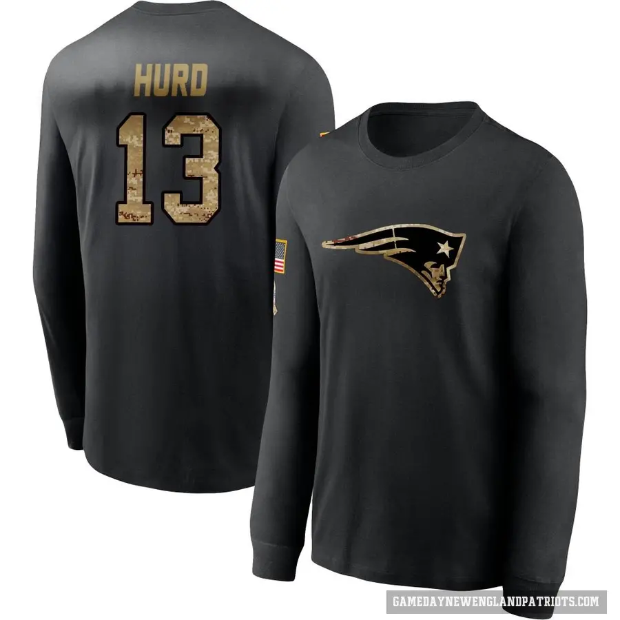 Men's ＃13 Jalen Hurd New England Patriots Black 2020 Salute To Service Sideline Performance Long Sleeve T-Shirt