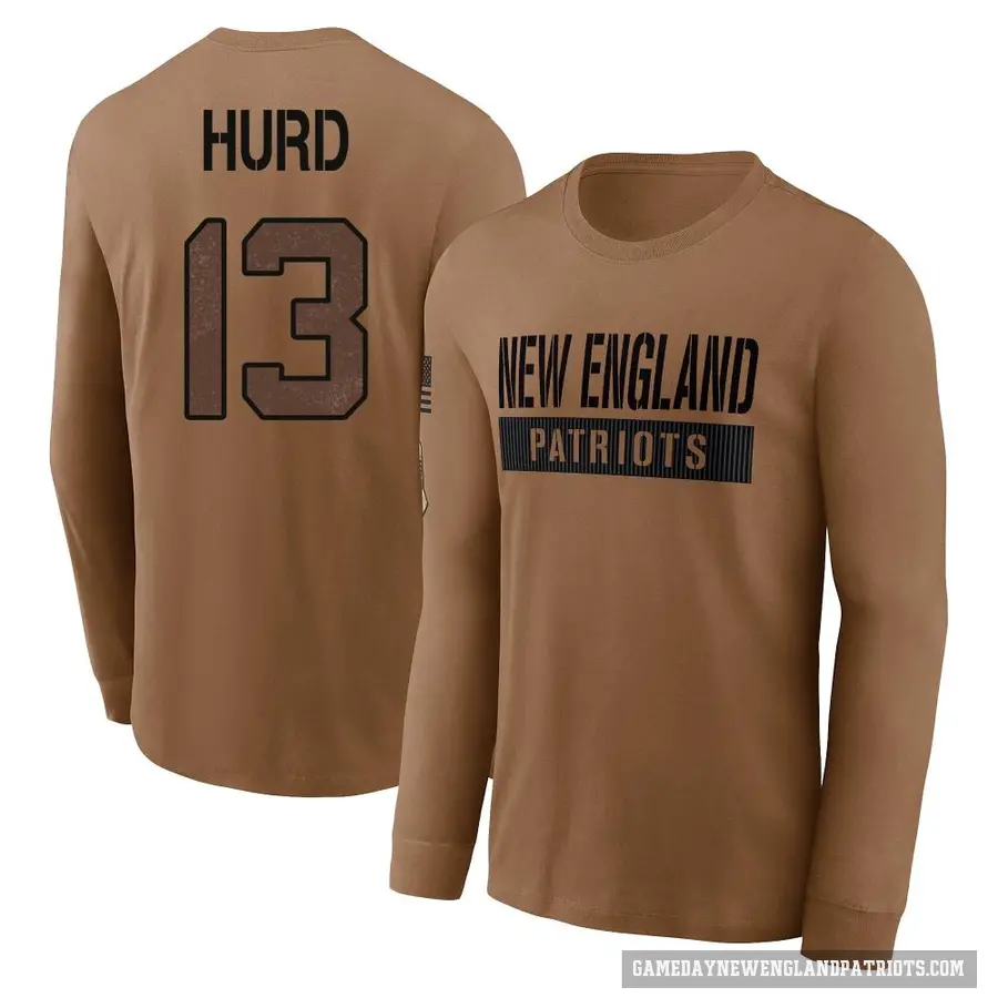 Men's ＃13 Jalen Hurd New England Patriots Brown 2023 Salute To Service Long Sleeve T-Shirt