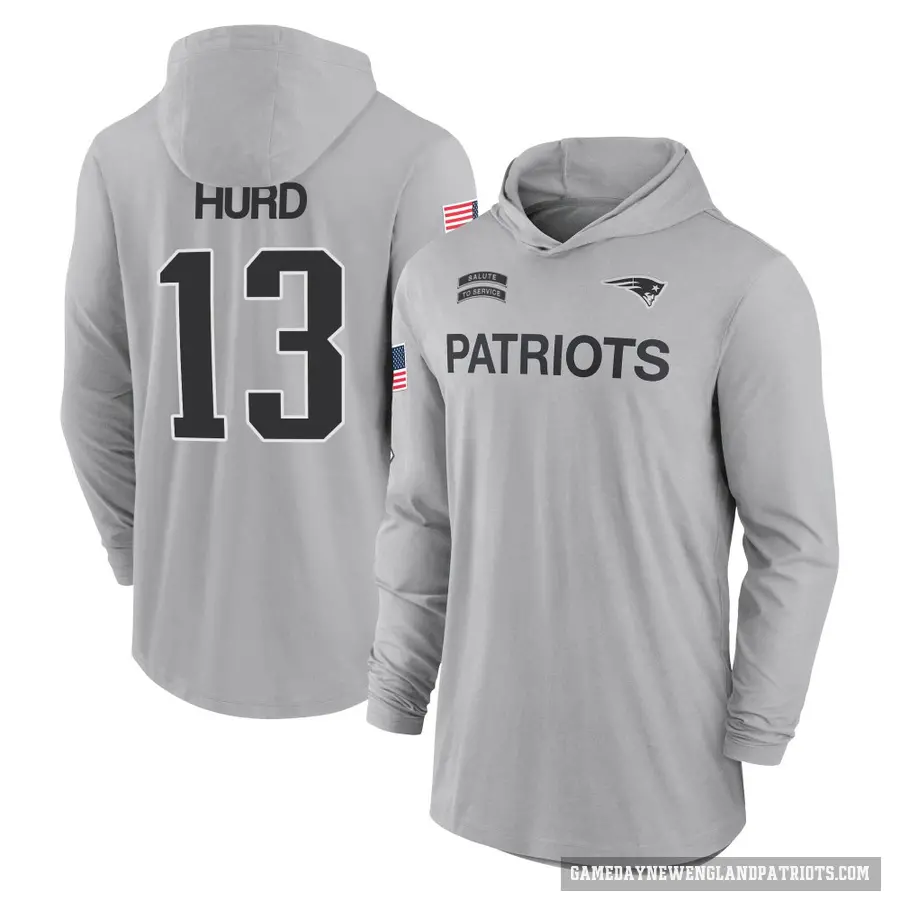 Men's ＃13 Jalen Hurd New England Patriots Gray 2024 Salute to Service Lightweight Performance Long Sleeve Hooded T-Shirt