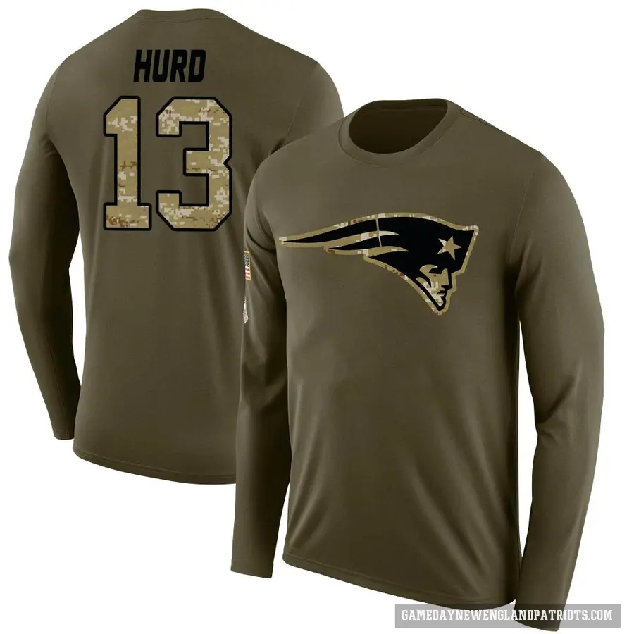 Men's ＃13 Jalen Hurd New England Patriots Olive Salute to Service Sideline Long Sleeve T-Shirt