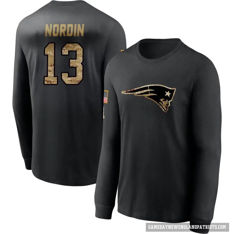 Men's ＃13 Quinn Nordin New England Patriots Black 2020 Salute To Service Sideline Performance Long Sleeve T-Shirt