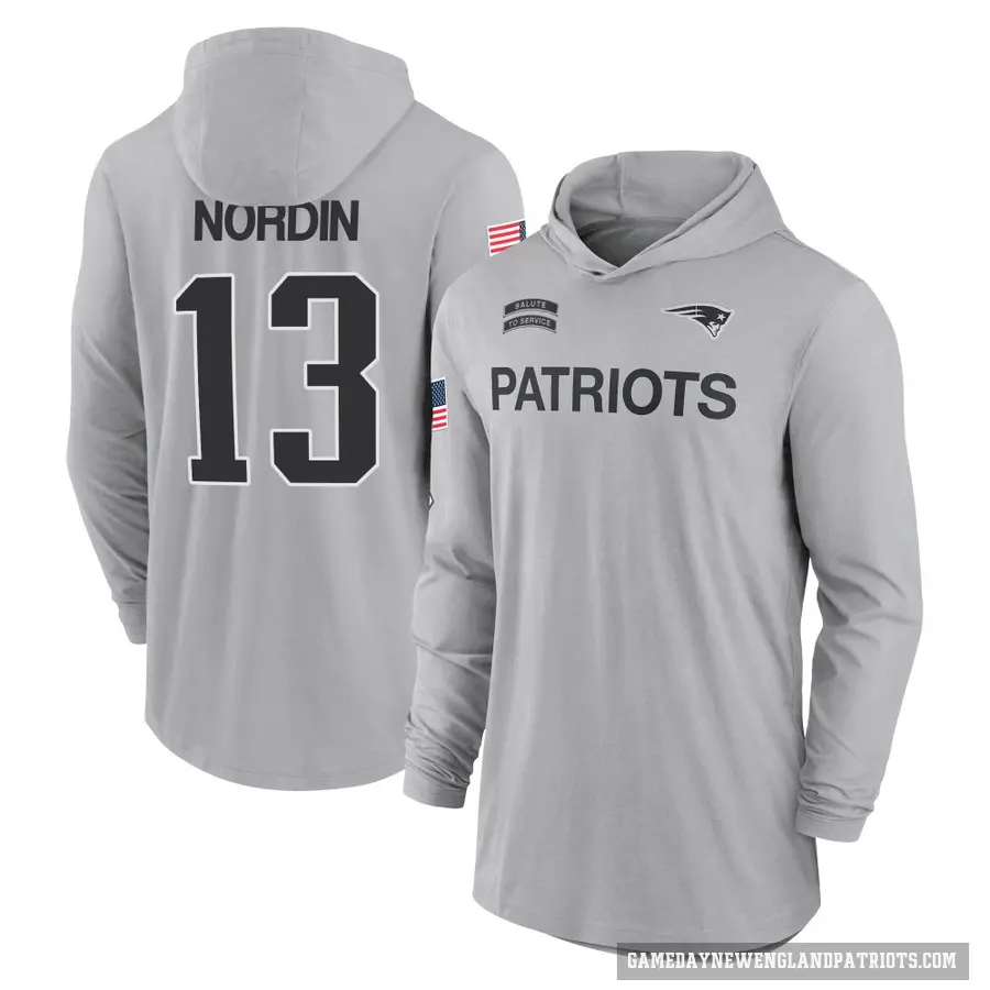 Men's ＃13 Quinn Nordin New England Patriots Gray 2024 Salute to Service Lightweight Performance Long Sleeve Hooded T-Shirt