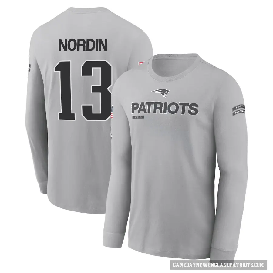 Men's ＃13 Quinn Nordin New England Patriots Gray 2024 Salute to Service Long Sleeve T-Shirt