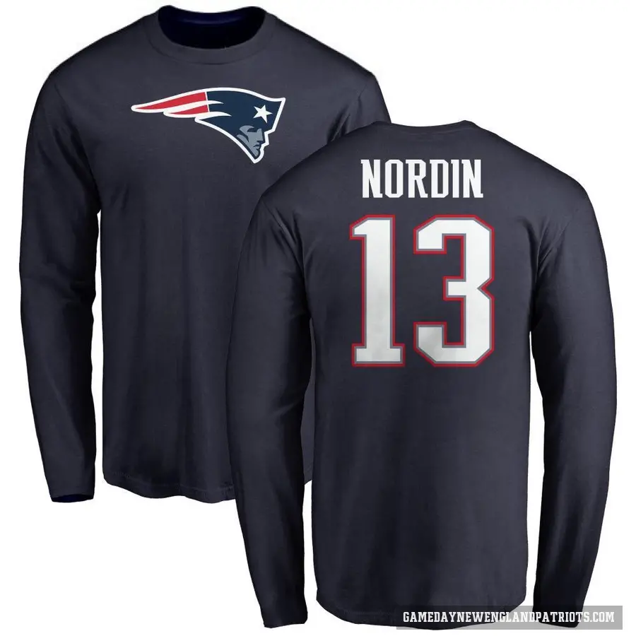 Men's ＃13 Quinn Nordin New England Patriots Navy Logo Long Sleeve T-Shirt