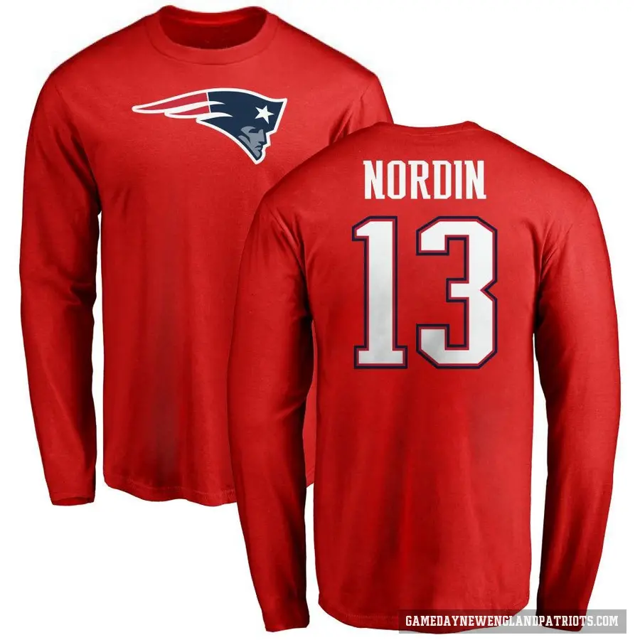 Men's ＃13 Quinn Nordin New England Patriots Red Logo Long Sleeve T-Shirt