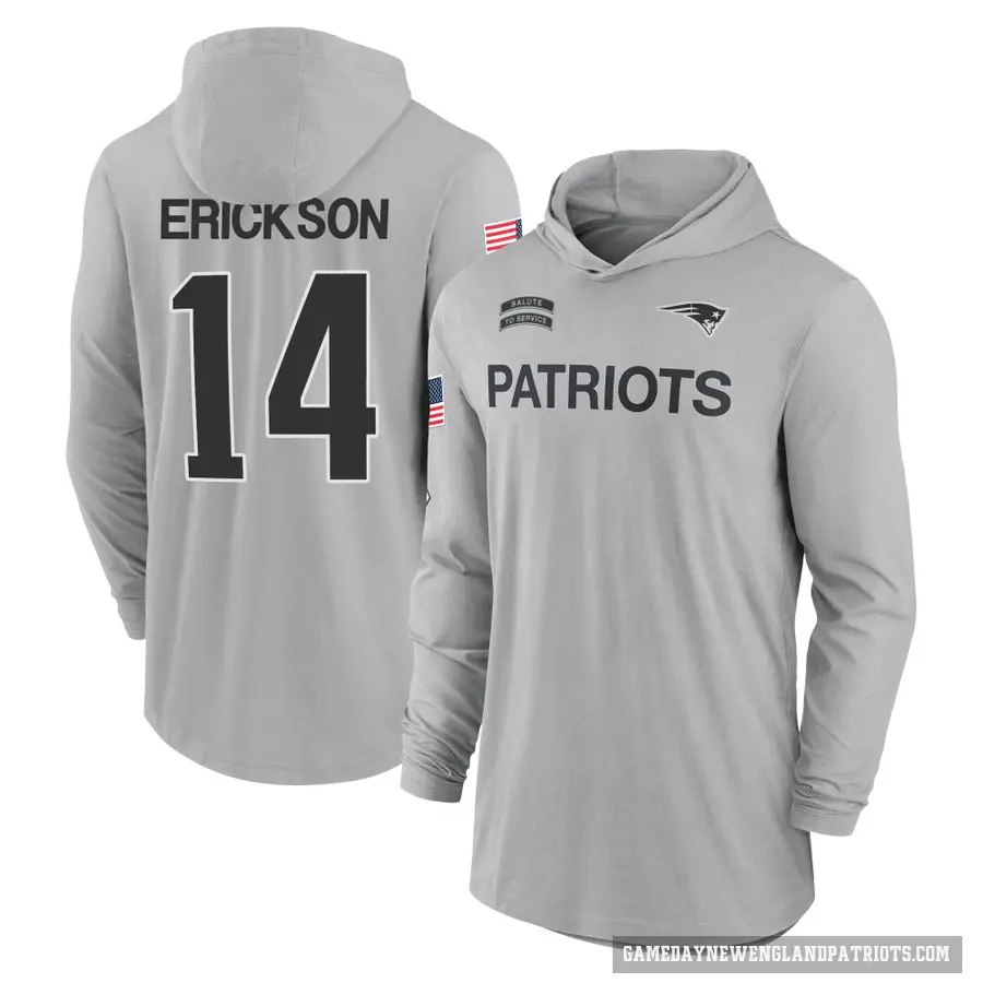 Men's ＃14 Alex Erickson New England Patriots Gray 2024 Salute to Service Lightweight Performance Long Sleeve Hooded T-Shirt