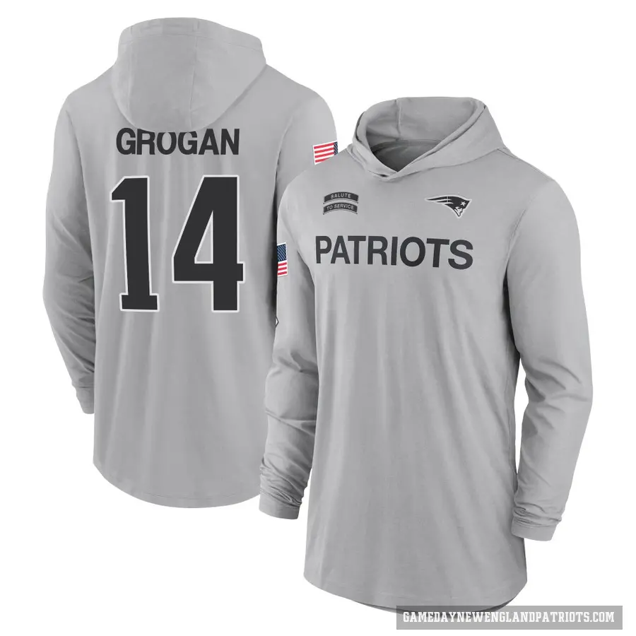 Men's ＃14 Steve Grogan New England Patriots Gray 2024 Salute to Service Lightweight Performance Long Sleeve Hooded T-Shirt