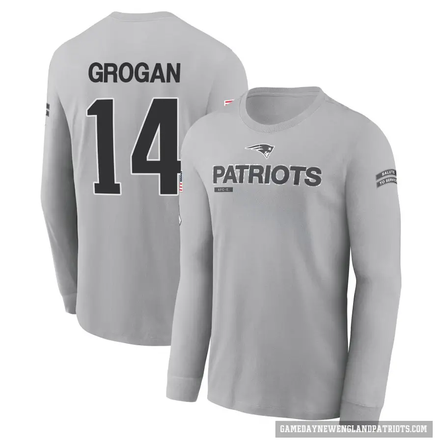 Men's ＃14 Steve Grogan New England Patriots Gray 2024 Salute to Service Long Sleeve T-Shirt