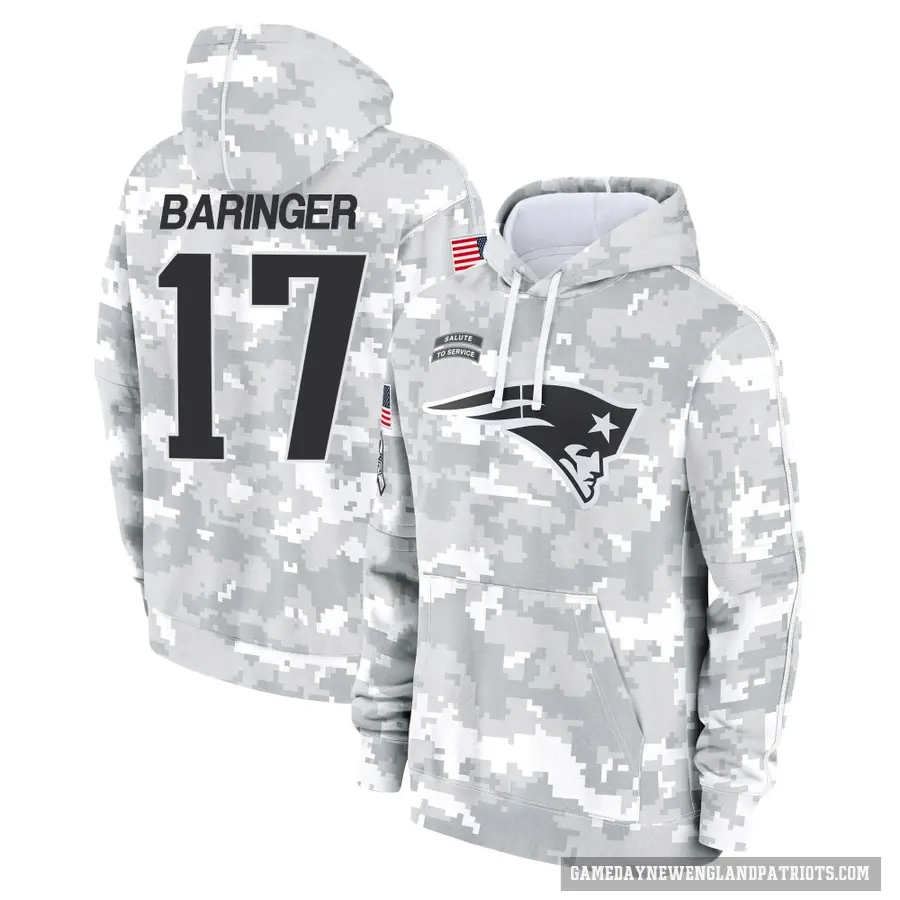 Men's ＃17 Bryce Baringer New England Patriots Arctic Camo 2024 Salute to Service Club Fleece Pullover Hoodie