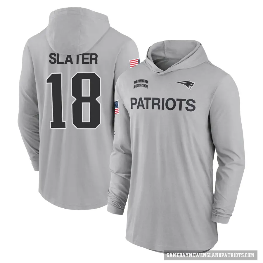 Men's ＃18 Matthew Slater New England Patriots Gray 2024 Salute to Service Lightweight Performance Long Sleeve Hooded T-Shirt