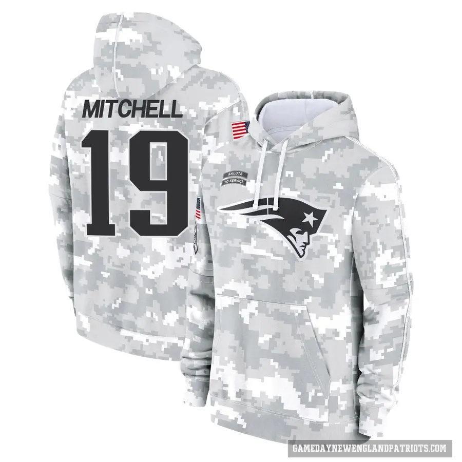 Men's ＃19 Malcolm Mitchell New England Patriots Arctic Camo 2024 Salute to Service Club Fleece Pullover Hoodie