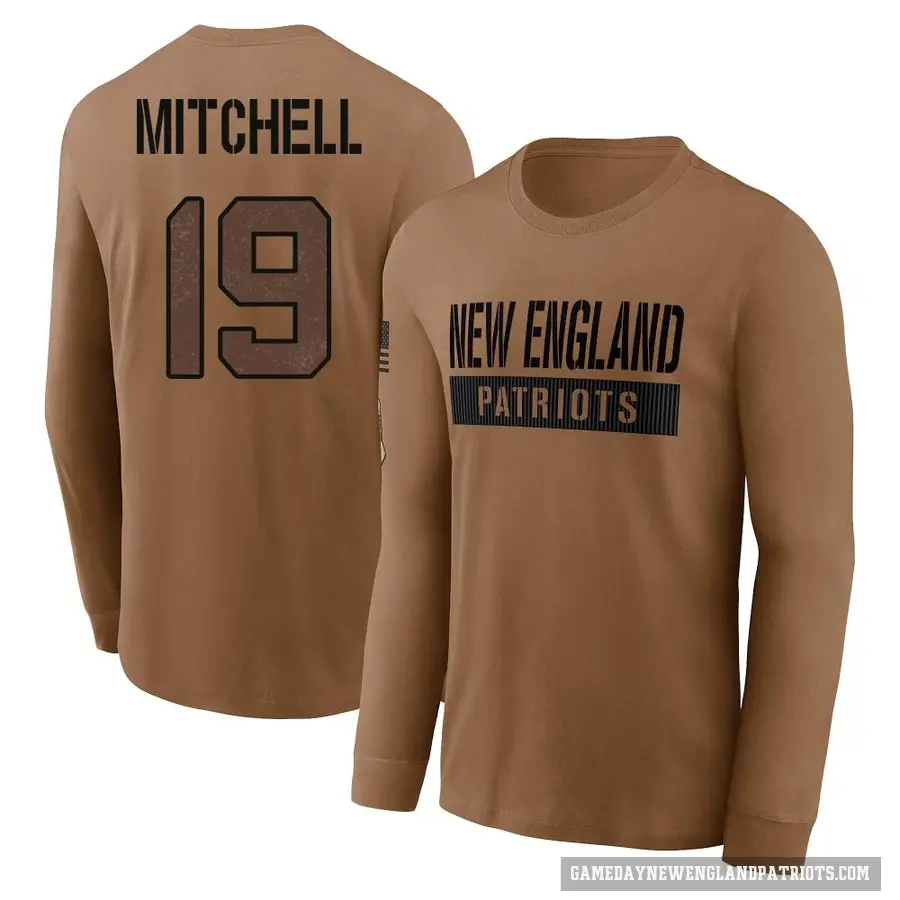 Men's ＃19 Malcolm Mitchell New England Patriots Brown 2023 Salute To Service Long Sleeve T-Shirt