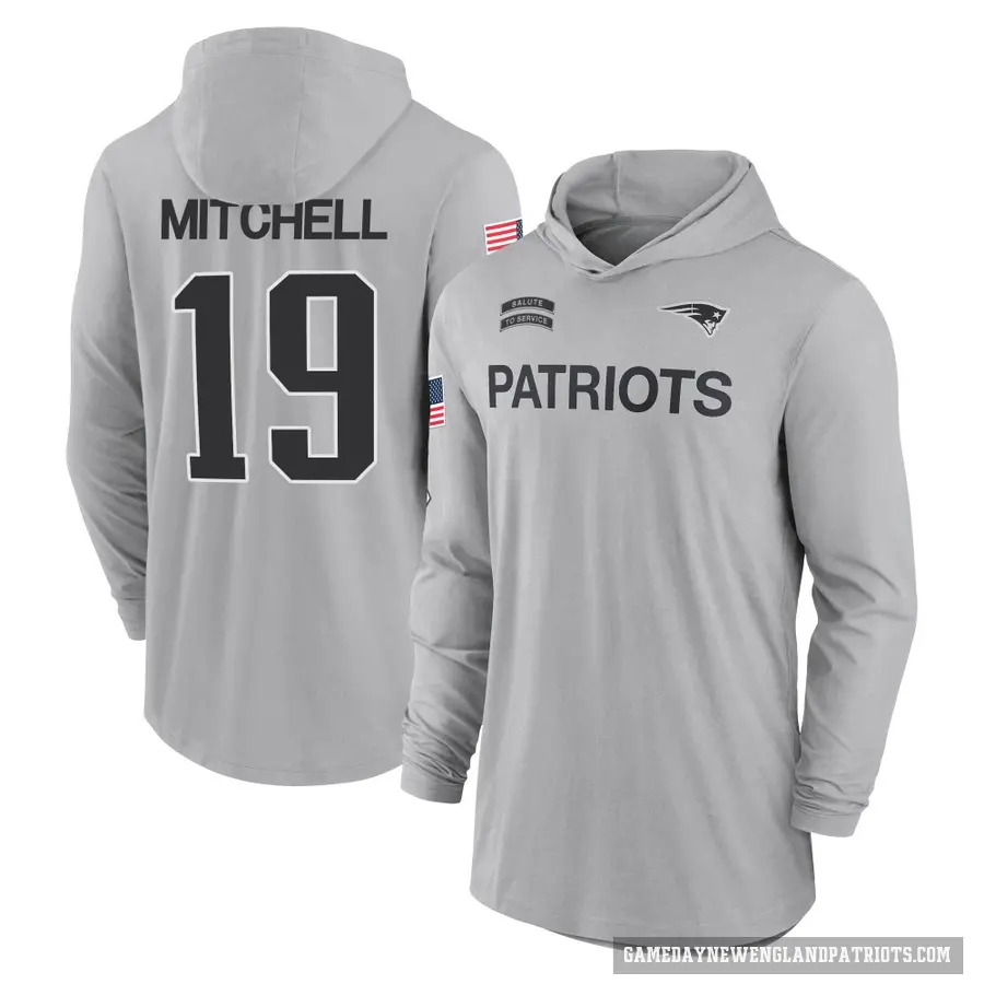 Men's ＃19 Malcolm Mitchell New England Patriots Gray 2024 Salute to Service Lightweight Performance Long Sleeve Hooded T-Shirt