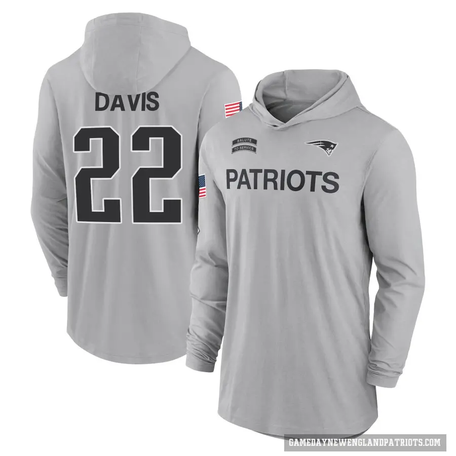 Men's ＃22 Cody Davis New England Patriots Gray 2024 Salute to Service Lightweight Performance Long Sleeve Hooded T-Shirt