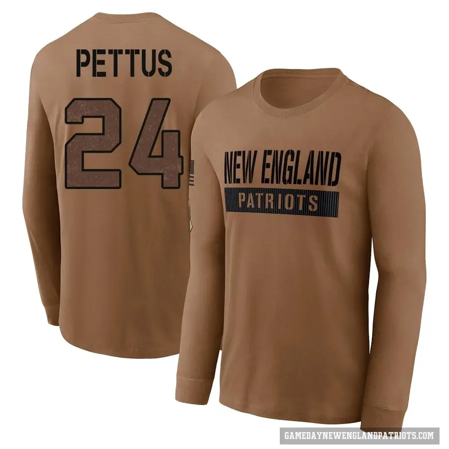 Men's ＃24 Dell Pettus New England Patriots Brown 2023 Salute To Service Long Sleeve T-Shirt