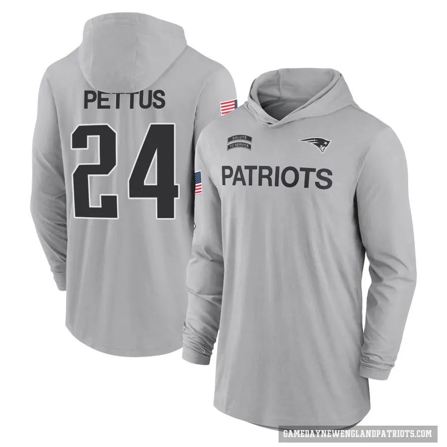 Men's ＃24 Dell Pettus New England Patriots Gray 2024 Salute to Service Lightweight Performance Long Sleeve Hooded T-Shirt