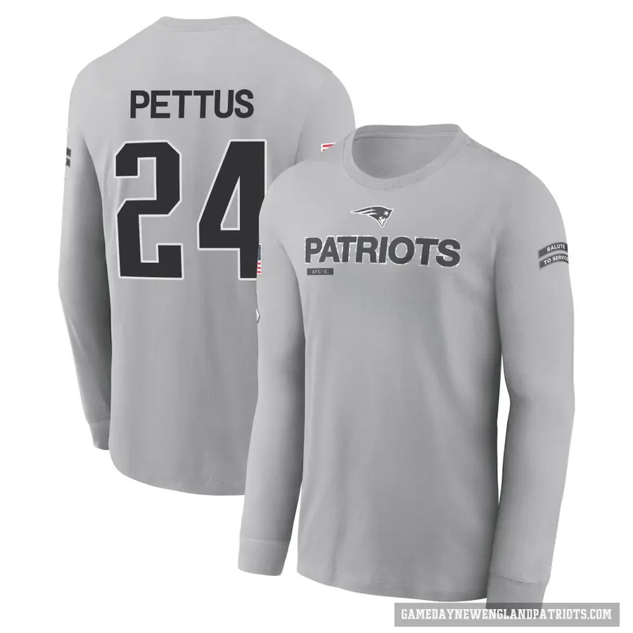 Men's ＃24 Dell Pettus New England Patriots Gray 2024 Salute to Service Long Sleeve T-Shirt