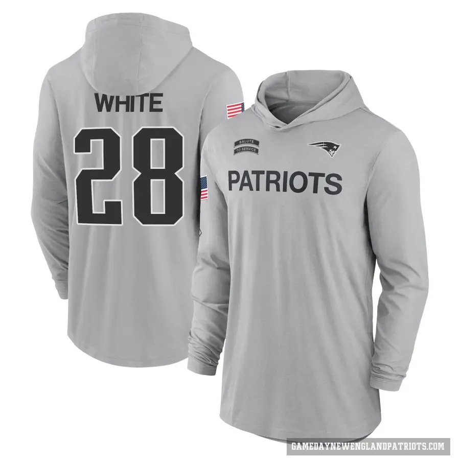 Men's ＃28 James White New England Patriots White Gray 2024 Salute to Service Lightweight Performance Long Sleeve Hooded T-Shirt