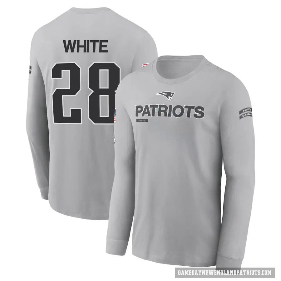 Men's ＃28 James White New England Patriots White Gray 2024 Salute to Service Long Sleeve T-Shirt