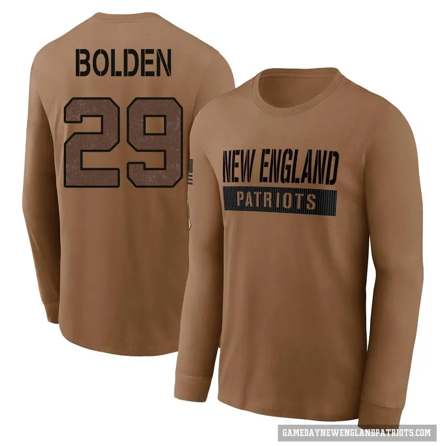 Men's ＃29 Isaiah Bolden New England Patriots Brown 2023 Salute To Service Long Sleeve T-Shirt