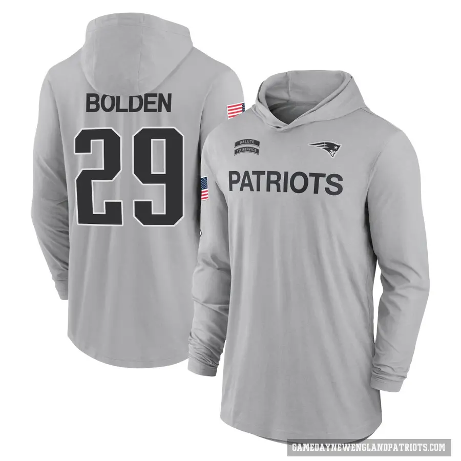 Men's ＃29 Isaiah Bolden New England Patriots Gray 2024 Salute to Service Lightweight Performance Long Sleeve Hooded T-Shirt