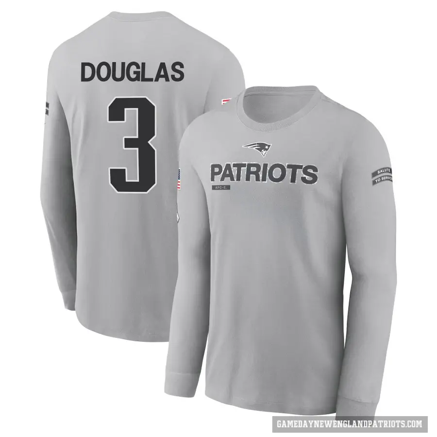 Men's ＃3 Demario Douglas New England Patriots Gray DeMario Douglas 2024 Salute to Service Long Sleeve T-Shirt