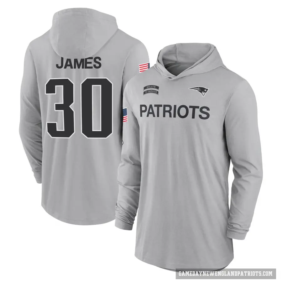 Men's ＃30 DJ James New England Patriots Gray 2024 Salute to Service Lightweight Performance Long Sleeve Hooded T-Shirt