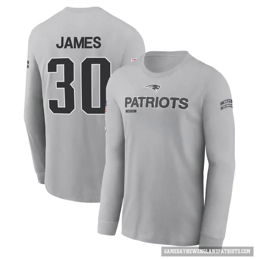 Men's ＃30 DJ James New England Patriots Gray 2024 Salute to Service Long Sleeve T-Shirt