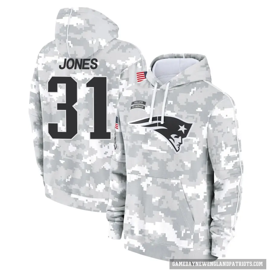 Men's ＃31 Jonathan Jones New England Patriots Arctic Camo 2024 Salute to Service Club Fleece Pullover Hoodie