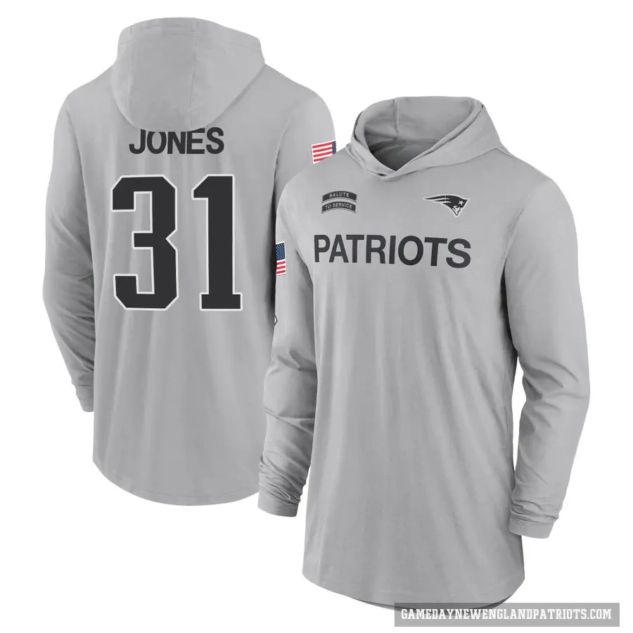 Men's ＃31 Jonathan Jones New England Patriots Gray 2024 Salute to Service Lightweight Performance Long Sleeve Hooded T-Shirt