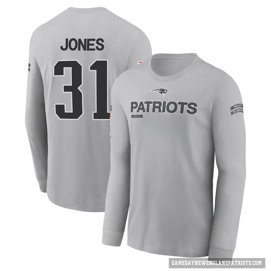 Men's ＃31 Jonathan Jones New England Patriots Gray 2024 Salute to Service Long Sleeve T-Shirt