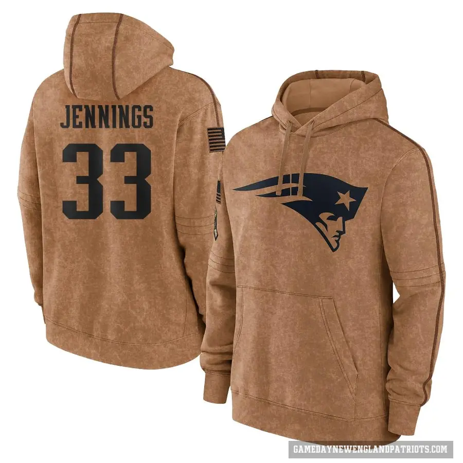 Men's ＃33 Anfernee Jennings New England Patriots Brown 2023 Salute To Service Club Pullover Hoodie