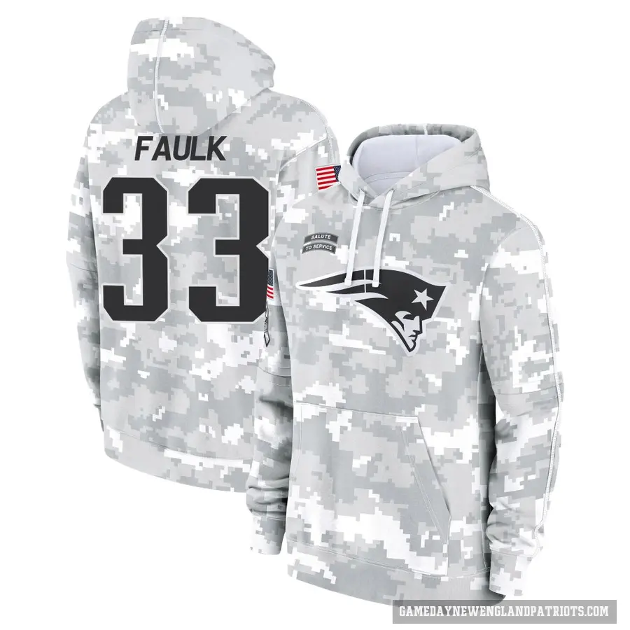 Men's ＃33 Kevin Faulk New England Patriots Arctic Camo 2024 Salute to Service Club Fleece Pullover Hoodie